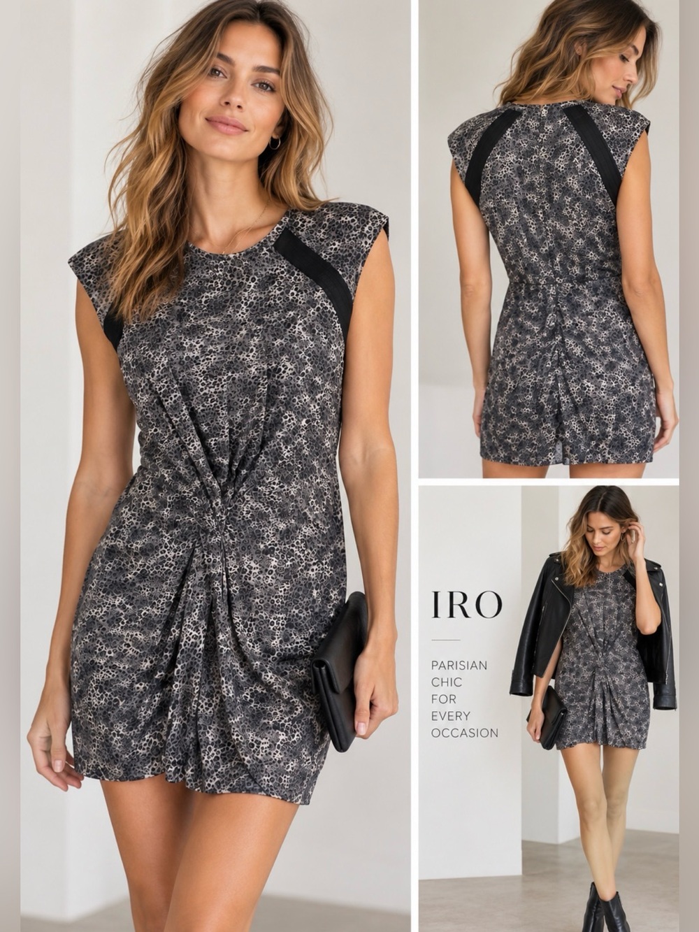 IRO Jane 100% Silk Leopard Print Draped Mini Dress Black Gray Small french